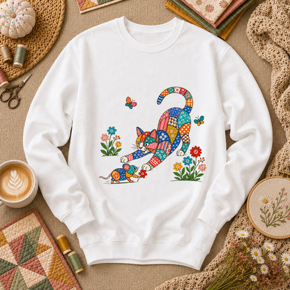 Patchwork Quilt Cat And Mouse Long Sleeve - White