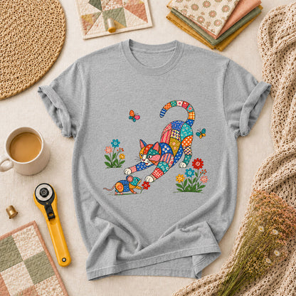 Patchwork Quilt Cat And Mouse T-Shirt - Athletic Heather