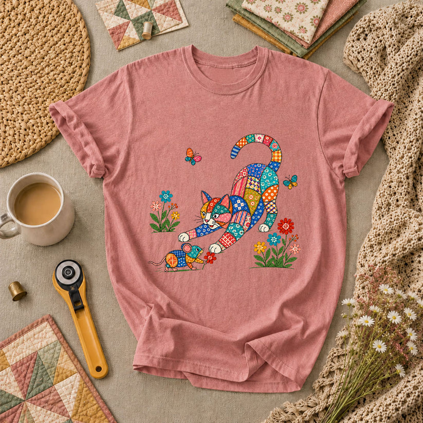 Patchwork Quilt Cat And Mouse T-Shirt - Heather Mauve