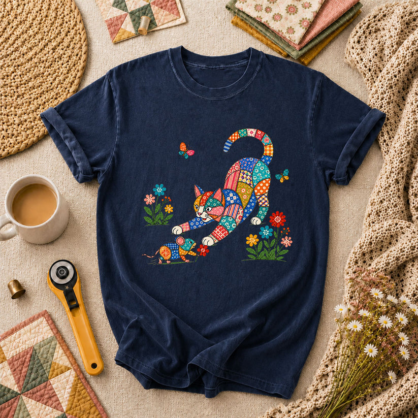 Patchwork Quilt Cat And Mouse T-Shirt - Navy