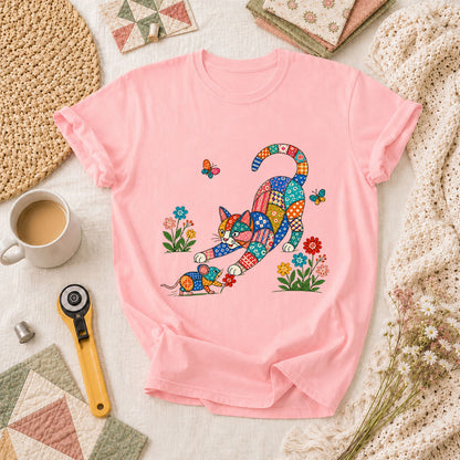 Patchwork Quilt Cat And Mouse T-Shirt - Pink