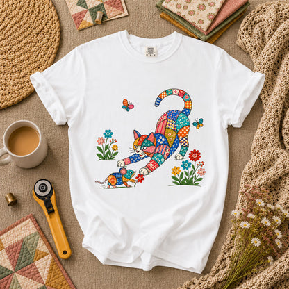 Patchwork Quilt Cat And Mouse T-Shirt - White