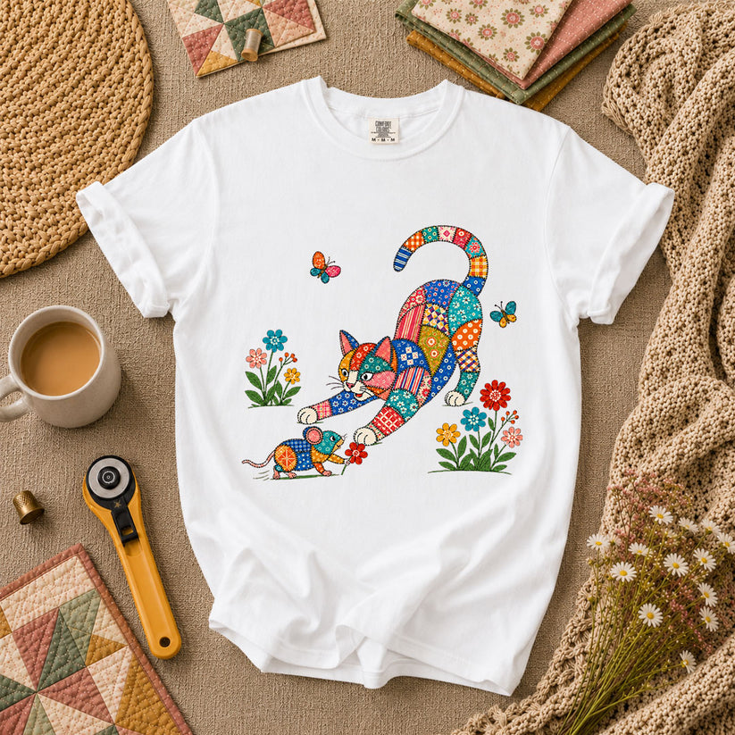 Patchwork Quilt Cat And Mouse T-Shirt - White