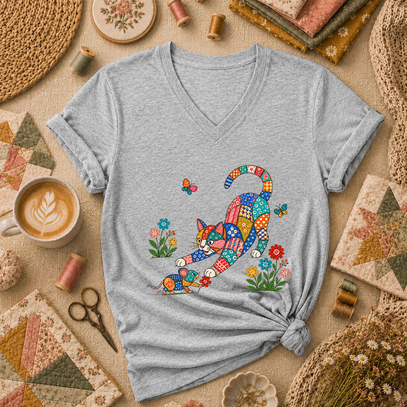 Patchwork Quilt Cat And Mouse Women's V-Neck - Athletic Heather