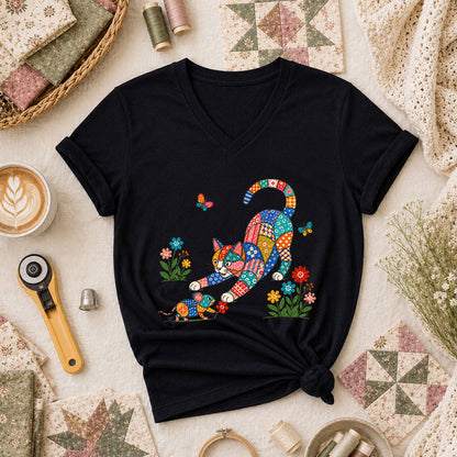 Patchwork Quilt Cat And Mouse Women's V-Neck - Black