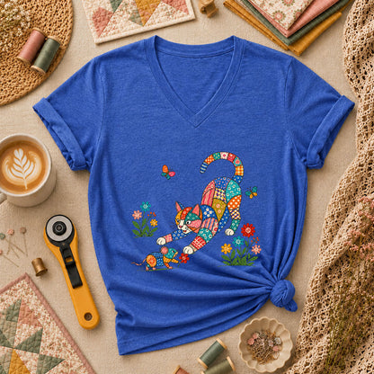 Patchwork Quilt Cat And Mouse Women's V-Neck - Heather True Royal