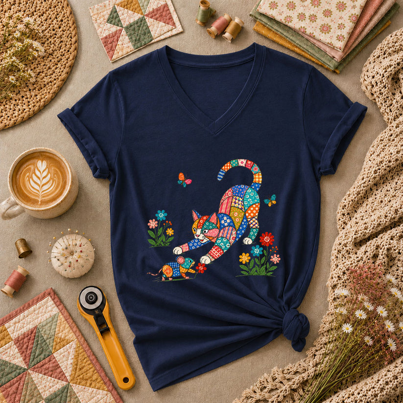 Patchwork Quilt Cat And Mouse Women's V-Neck - Navy