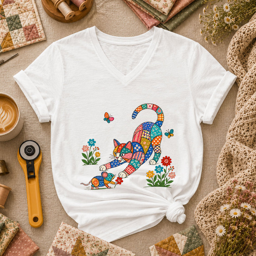 Patchwork Quilt Cat And Mouse Women's V-Neck - White