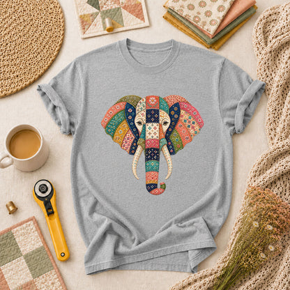 Patchwork Quilt Elephant Head T-Shirt - Athletic Heather