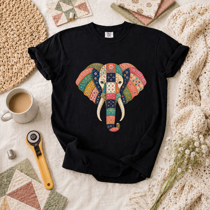 Patchwork Quilt Elephant Head T-Shirt - Black