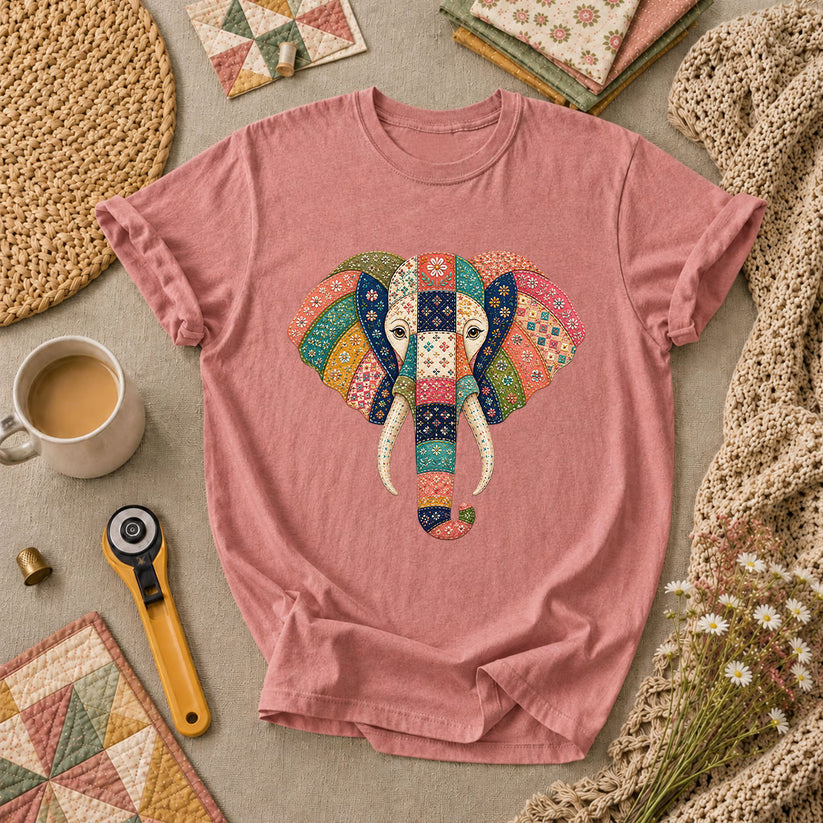 Patchwork Quilt Elephant Head T-Shirt - Heather Mauve