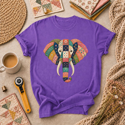 Patchwork Quilt Elephant Head T-Shirt - Heather Team Purple