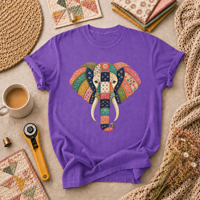 Patchwork Quilt Elephant Head T-Shirt - Heather Team Purple