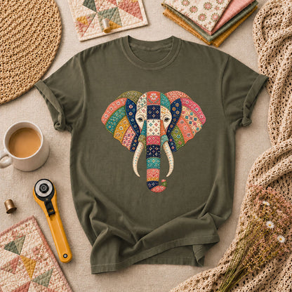 Patchwork Quilt Elephant Head T-Shirt - Military Green
