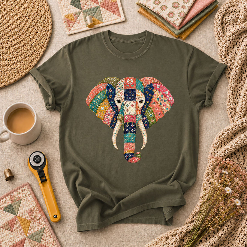Patchwork Quilt Elephant Head T-Shirt - Military Green