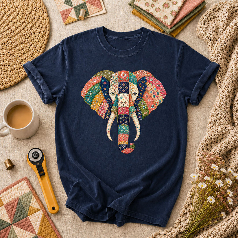 Patchwork Quilt Elephant Head T-Shirt - Navy