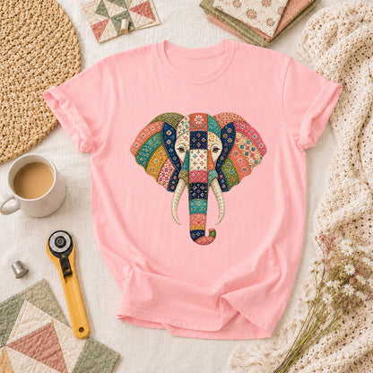 Patchwork Quilt Elephant Head T-Shirt - Pink