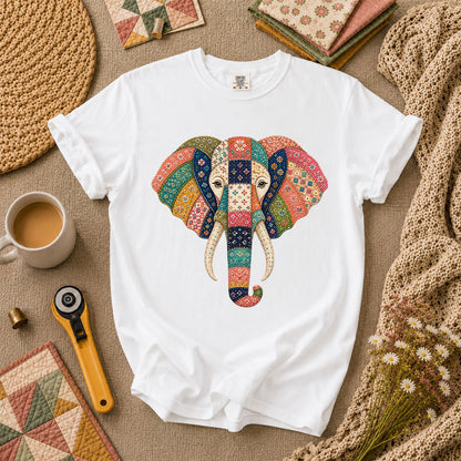 Patchwork Quilt Elephant Head T-Shirt - White