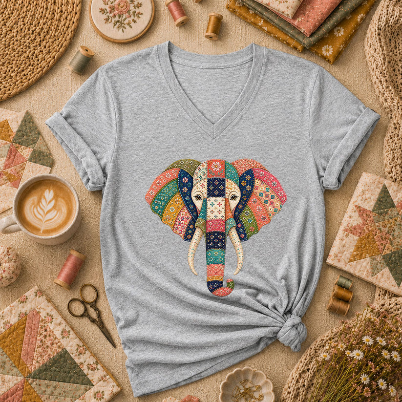Patchwork Quilt Elephant Head Women's V-Neck - Athletic Heather