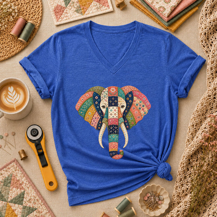 Patchwork Quilt Elephant Head Women's V-Neck - Heather True Royal