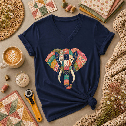 Patchwork Quilt Elephant Head Women's V-Neck - Navy