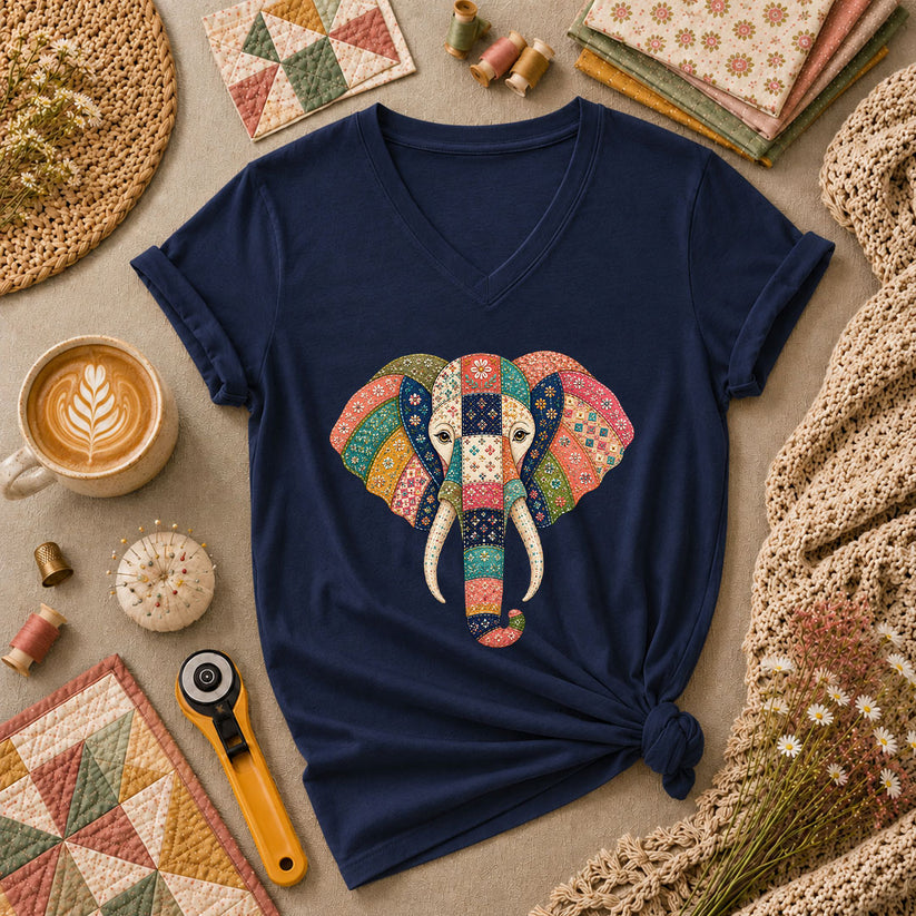 Patchwork Quilt Elephant Head Women's V-Neck - Navy