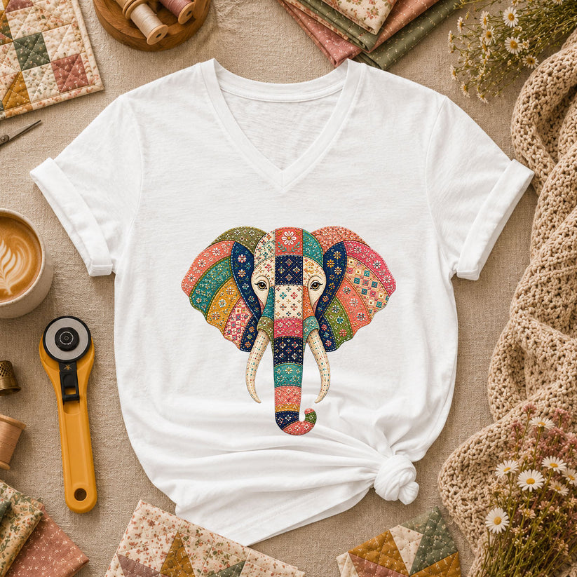 Patchwork Quilt Elephant Head Women's V-Neck - White