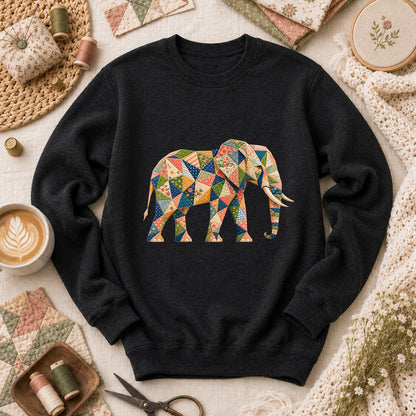 Patchwork Quilt Elephant Silhouette Long Sleeve - Black