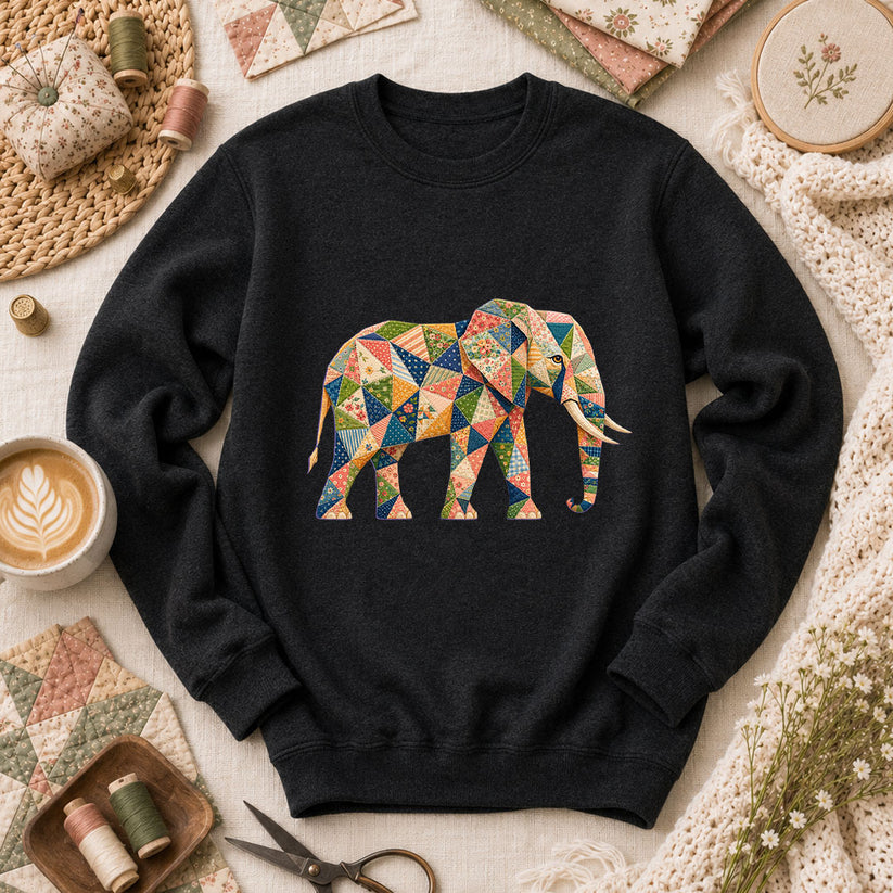 Patchwork Quilt Elephant Silhouette Long Sleeve - Black