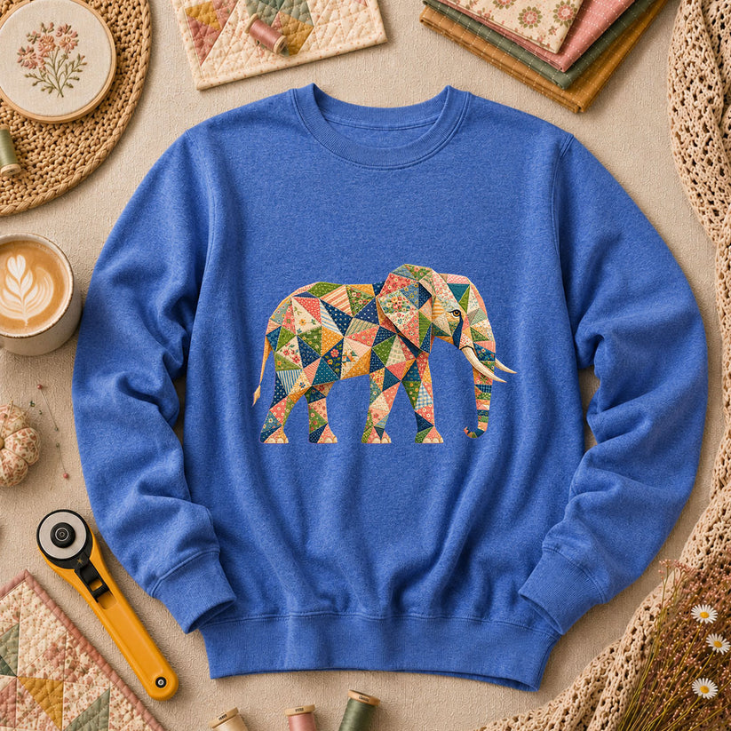 Patchwork Quilt Elephant Silhouette Long Sleeve - Heather True Royal