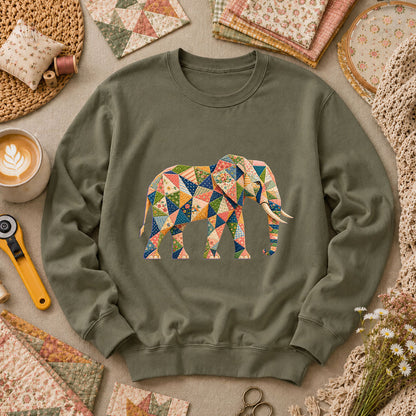 Patchwork Quilt Elephant Silhouette Long Sleeve - Military Green