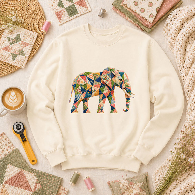 Patchwork Quilt Elephant Silhouette Long Sleeve - Natural
