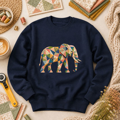 Patchwork Quilt Elephant Silhouette Long Sleeve - Navy