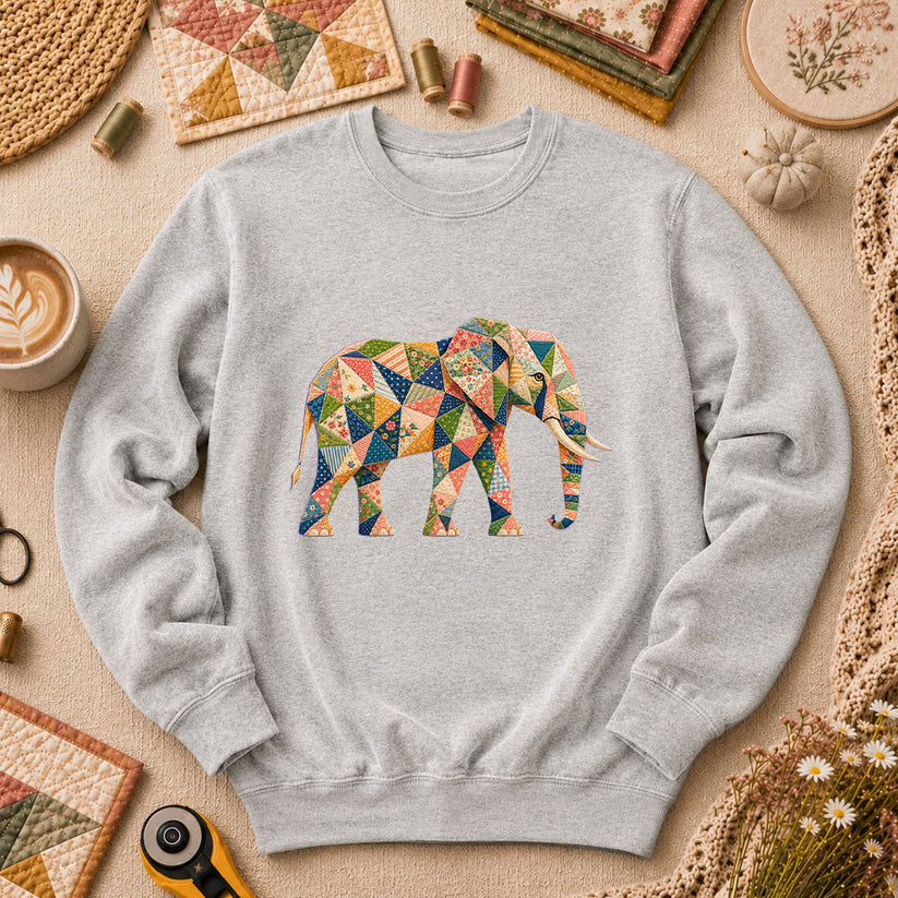 Patchwork Quilt Elephant Silhouette Long Sleeve - Sport Grey