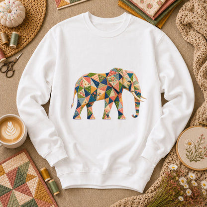 Patchwork Quilt Elephant Silhouette Long Sleeve - White