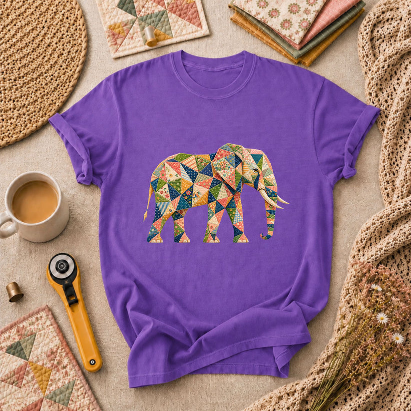 Patchwork Quilt Elephant Silhouette T-Shirt - Heather Team Purple