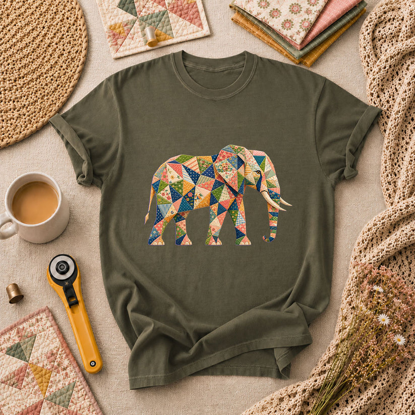 Patchwork Quilt Elephant Silhouette T-Shirt - Military Green