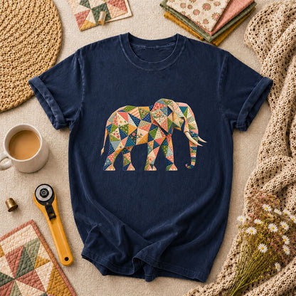Patchwork Quilt Elephant Silhouette T-Shirt - Navy