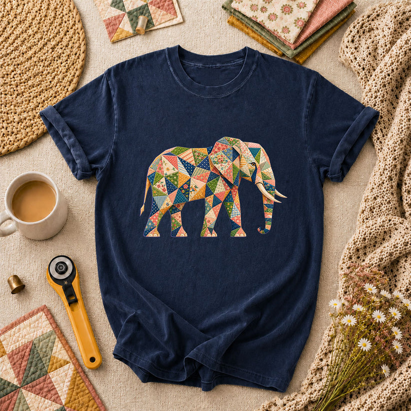 Patchwork Quilt Elephant Silhouette T-Shirt - Navy