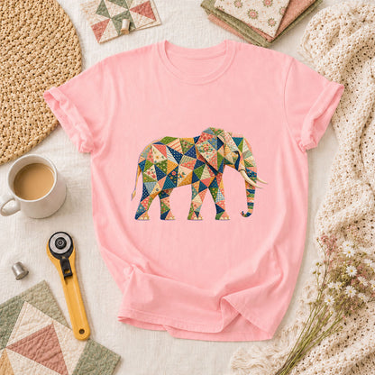 Patchwork Quilt Elephant Silhouette T-Shirt - Pink