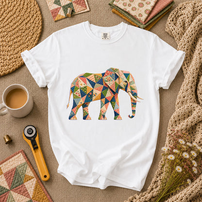 Patchwork Quilt Elephant Silhouette T-Shirt - White