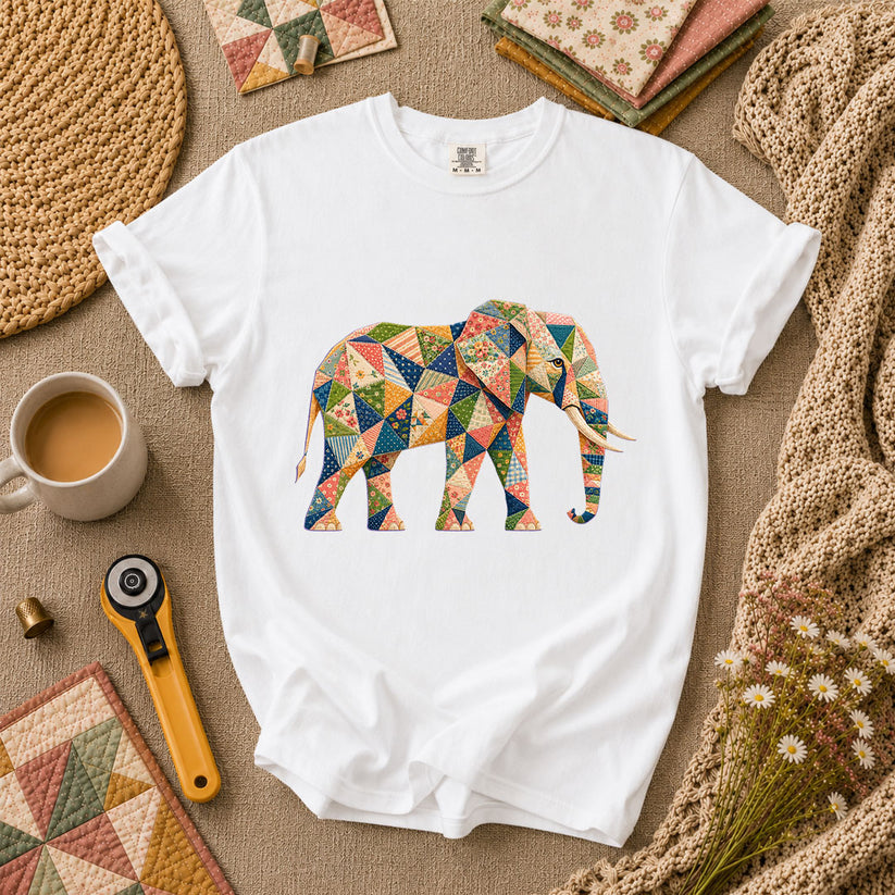 Patchwork Quilt Elephant Silhouette T-Shirt - White