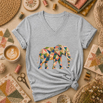 Patchwork Quilt Elephant Silhouette Women's V-Neck - Athletic Heather