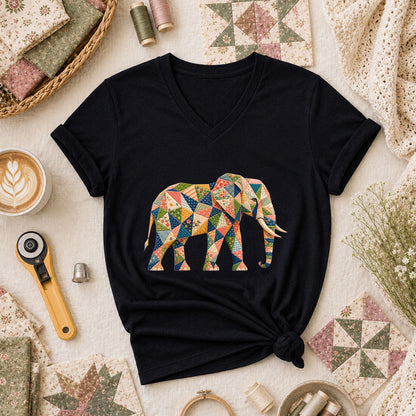 Patchwork Quilt Elephant Silhouette Women's V-Neck - Black