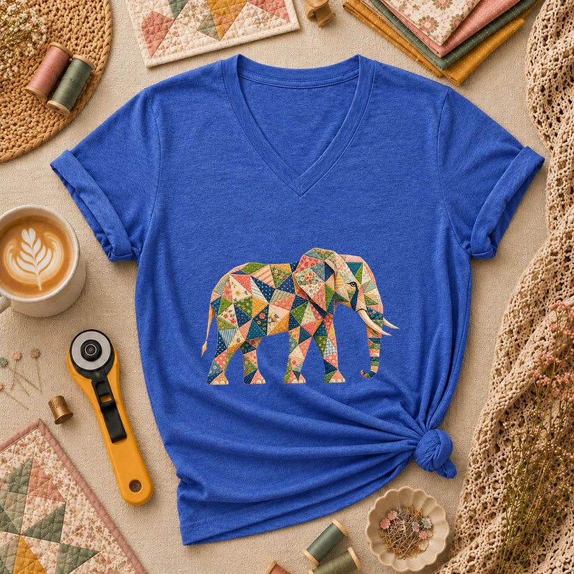 Patchwork Quilt Elephant Silhouette Women's V-Neck - Heather True Royal