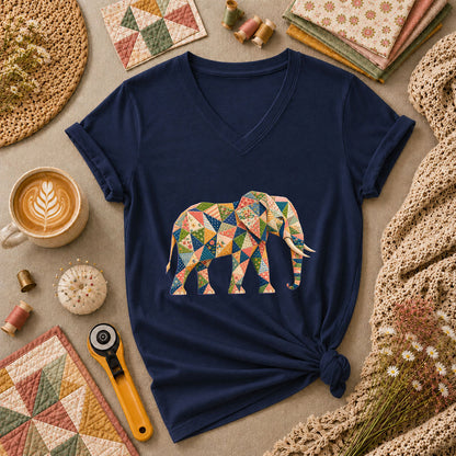 Patchwork Quilt Elephant Silhouette Women's V-Neck - Navy