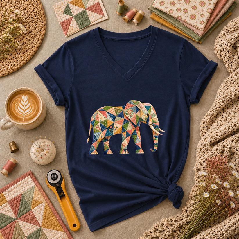 Patchwork Quilt Elephant Silhouette Women's V-Neck - Navy