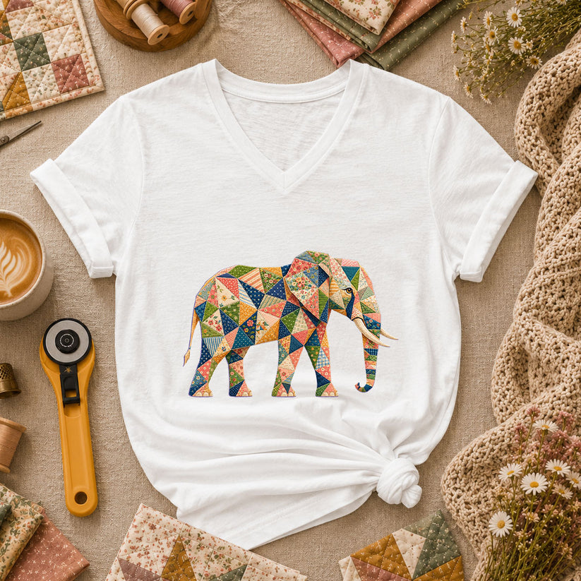 Patchwork Quilt Elephant Silhouette Women's V-Neck - White