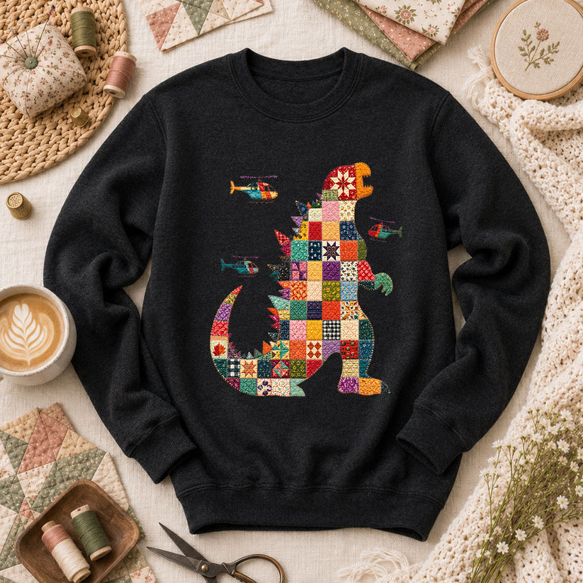 Patchwork Quilt Godzilla With Helicopters Long Sleeve - Black