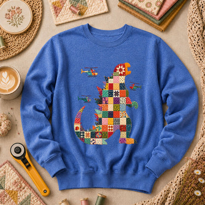 Patchwork Quilt Godzilla With Helicopters Long Sleeve - Heather True Royal